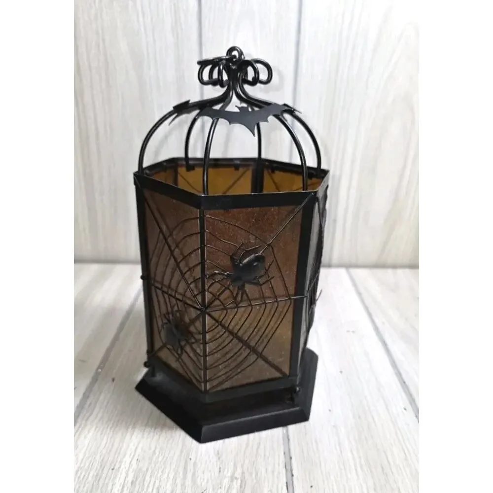 Vtg Halloween Lantern Votive Candle Holder Metal Spider Web Bats Orange Black